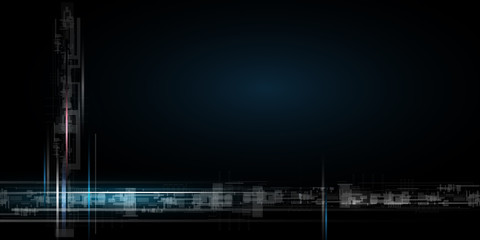 Vector illustration urban architecture, cityscape with space and neon light effect. Modern hi-tech, science, futuristic technology concept. Abstract digital high tech city design for banner backgroun1