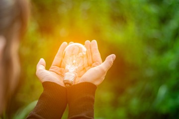 women's is holding sparking light bulb against nature on green leaf. - New idea and innovation concept.