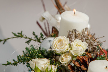 Christmas composition of flowers and Christmas decorations