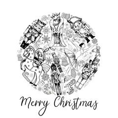 Poster card composition of hand drawn sketch style characters and different objects related to The Nutcracker fairy tale isolated on white background. Vector illustration.
