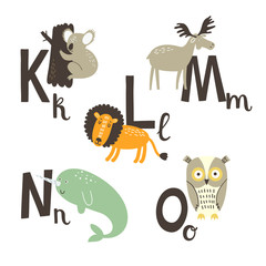 Fototapeta premium Cute zoo alphabet in vector. K, l, m, n, o letters. Funny animals. Koala, lion, Moose, narwhal and owl.