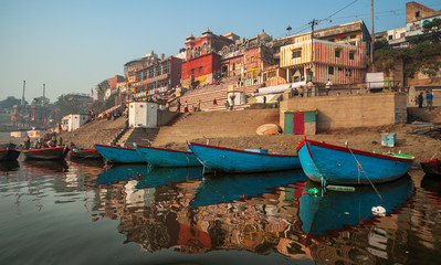 Fototapeta na wymiar Varanasi, Banaras, Uttar Pradesh, India - February 03, 2011: Ghats (Banks) on the Ganges River in Hindu holy city varanasi, india