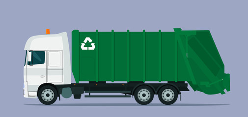 Garbage truck isolated. Vector flat style illustration.