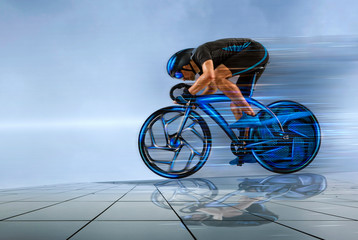 Man racing cyclist on blue background