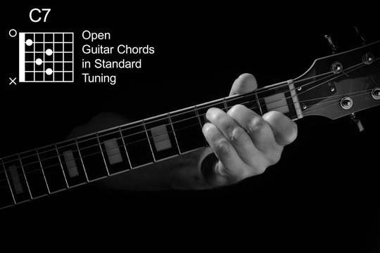 Open Guitar Chords in Standard Tuning guitar tutorial series. Closeup of hand playing C7 chord on guitar, on black background. Black and white photo.