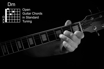 Open Guitar Chords in Standard Tuning guitar tutorial series. Closeup of hand playing Dm chord on...