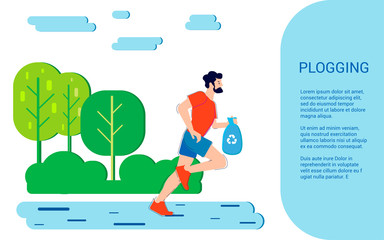 Plogging concept. A human silhouette running and holding a litter trash bag with recycle symbol. Plocka up design for green environment movement. vector illustration.