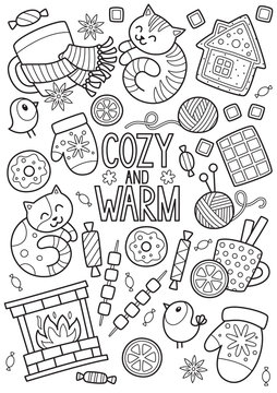 Doodle coloring book page winter mood pattern. Antistress for adult