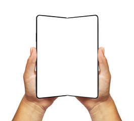 Woman hand holding Smartphone blank screen with fold feature - modern construction, future of modern smartphones or tablets 