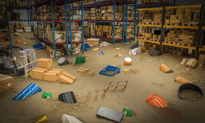 Foto op Aluminium interior of a warehouse full of goods damaged by a flood of water and mud. © tiero