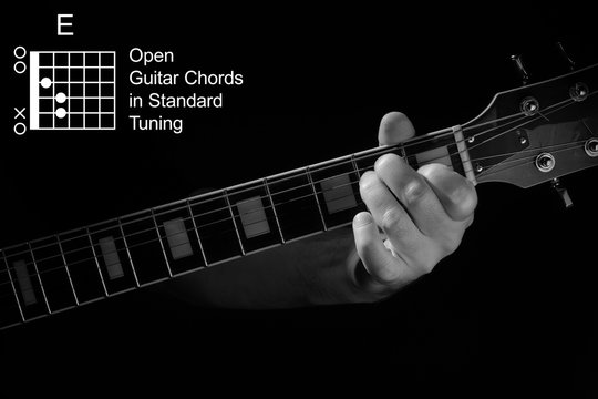 Open Guitar Chords in Standard Tuning guitar tutorial series. Closeup of hand playing E chord on guitar, on black background. Black and white photo.