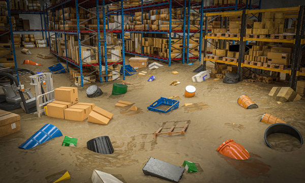 interior of a warehouse full of goods damaged by a flood of water and mud.