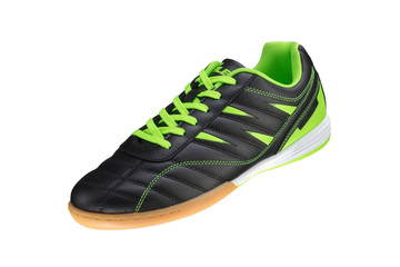 Black sneaker with green stripes on a white background. Sport shoes.