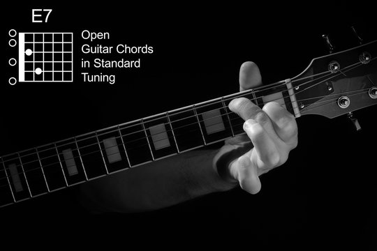 Open Guitar Chords in Standard Tuning guitar tutorial series. Closeup of hand playing E7 chord on guitar, on black background. Black and white photo.