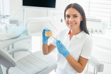 cropped shot of smiling doctor showing jaws model in modern dental clinic