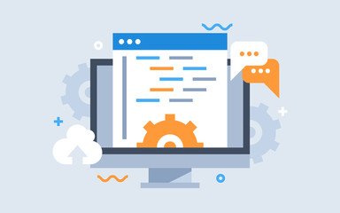 Development of software and programming. Program code on computer screen . Launch a new product on a market. Computer display in flat style. Design template from landing page or banner.