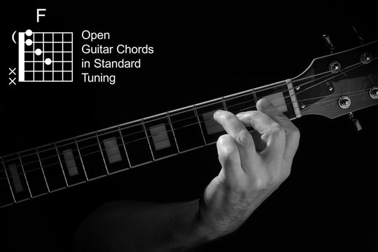 Open Guitar Chords in Standard Tuning guitar tutorial series. Closeup of hand playing F chord on guitar, on black background. Black and white photo.
