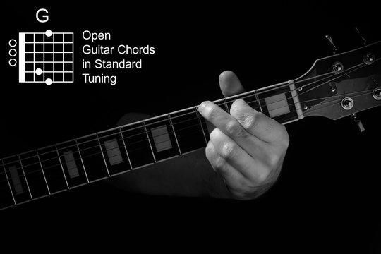 Open Guitar Chords in Standard Tuning guitar tutorial series. Closeup of hand playing G chord on guitar, on black background. Black and white photo.