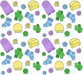 Seamless pattern. Knitting needle, hook, hat, socks, wool skeins. Signs vector set and logos for yarn or tailor hand made store.
