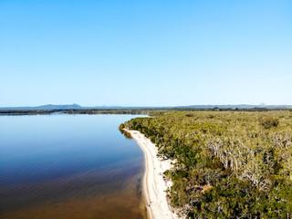 Fototapeta na wymiar Aerial view of the forest, beach and lagoon at Boreen point, Australia