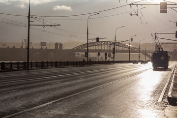 Fototapeta na wymiar View of the Berezhkovskaya embankment during a rain, Moscow, Russia