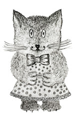 Pencil drawing cute cat girl. Children's creativity graphic fairytale kitten.