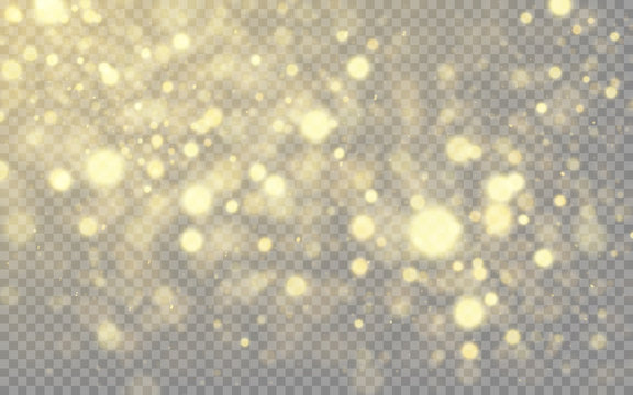 Gold bokeh, glowing light effect on transparent background 