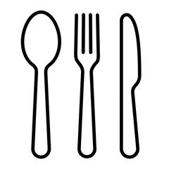 Line icon set of fork spoon and knife. Black vector cutlery icons on white background - stock vector.
