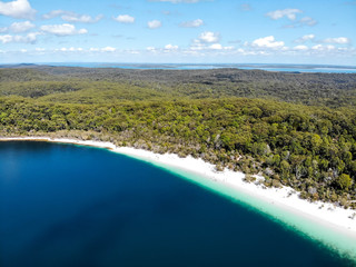 Drone shot  toward Lake McKenzie main beach on Fraser Island