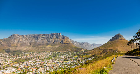 Wide angle view of Table Mountain from Signal Hill in Cape Town