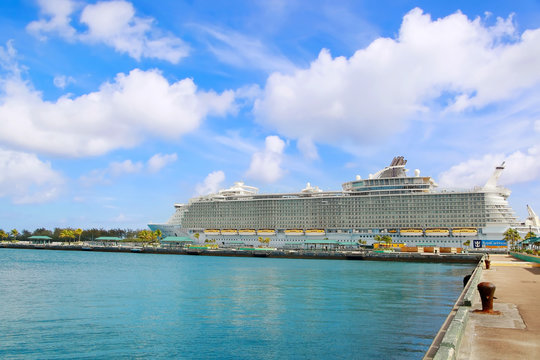 Nassau, Bahamas - April 13, 2015: Royal Caribbean cruise ship Allure of the Seas  docked at port of Nassau. It's the largest passenger ship ever built