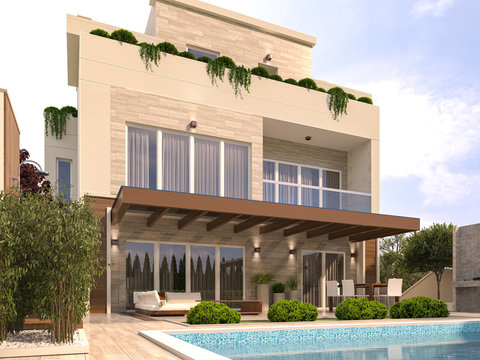 Modern Villa House and pool with travertine blocks, wooden planks and green roof. 3D rendering.