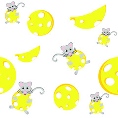little gray mouse with cheese. symbol of the new year. yellow circle of cheese. drawing for baby cloth. theme for wallpaper