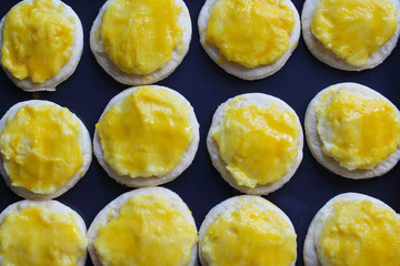 Shangi on a tray. Cooking for baking. Close-up. Top view. Background. Texture.