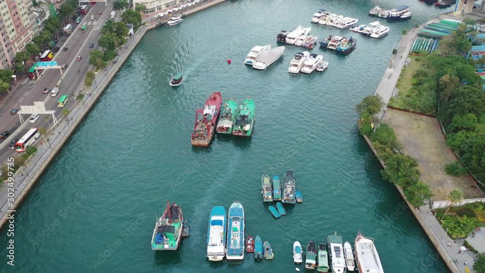 Poster Aerial view of car traffic Aberdeen Typhoon Shelters , Hong Kong