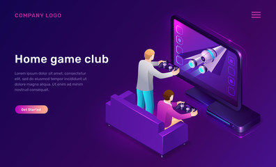 Home game club isometric concept vector illustration. 3D icon console, station for video games and two men players with joysticks in their hands, leisure home interior isolated on purple web banner. © klyaksun