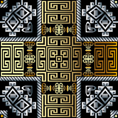 Striped geometric gold silver 3d vector seamless pattern. Modern abstract ornamental ornate background. Tribal ethnic style repeat backdrop. Surface textured checkered ornament. Greek key meanders
