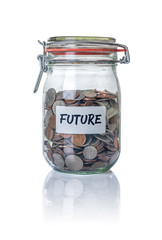 Isolated jar filled with coins labeled Future