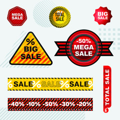 Set of vector sale stickers of different shapes and colors. Striped Ribbon Discounts.