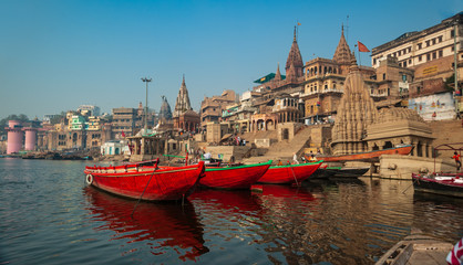Varanasi, Banaras, Uttar Pradesh, India - February 03, 2011: Ghats (Banks) on the Ganges River in...