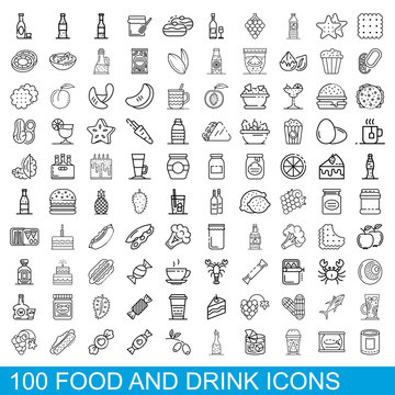 100 food and drink icons set. Outline illustration of 100 food and drink icons vector set isolated on white background