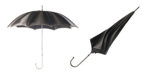 Two black umbrellas on a white background. Umbrella opening step.