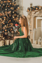 Winter holidays time, magic moments. Woman celebrating Christmas or New Year in gorgeous dress 