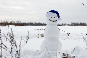 White snowman on the nature of the coma of snow. New year Christmas winter nature.