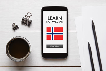 Learn Norwegian concept on smart phone screen