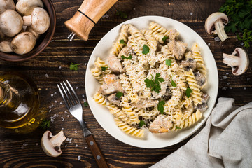 Pasta with Chicken and mushrooms In cream sauce.