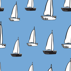 Seamless pattern of sailboats in  blue sea