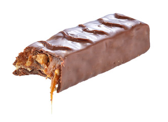 Bitten chocolate bar is isolated on a white background with shadows.