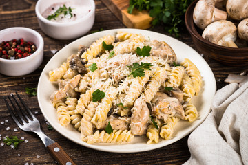 Pasta with Chicken and mushrooms In cream sauce.