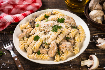 Pasta with Chicken and mushrooms In cream sauce.